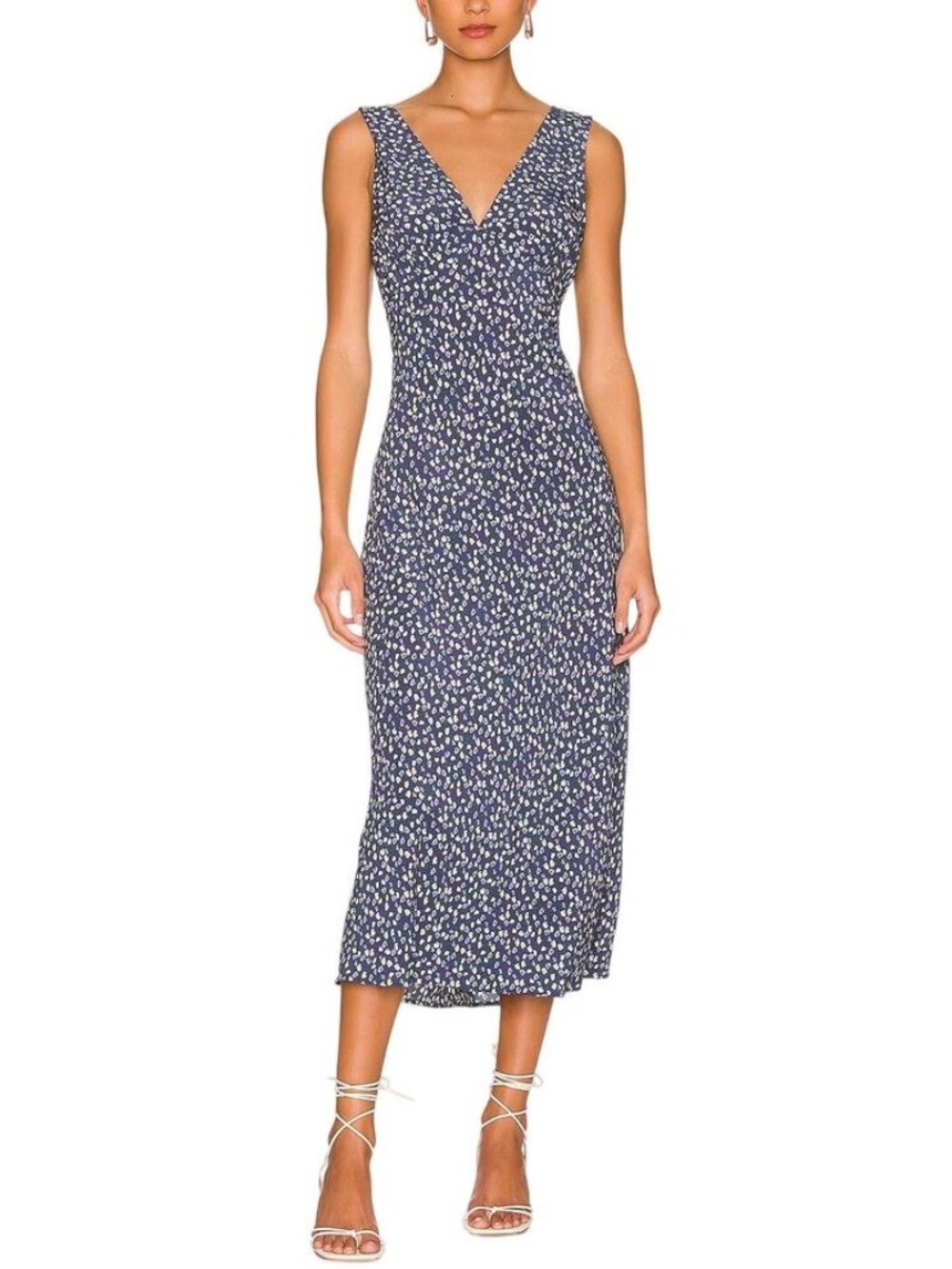 Sleeveless V-Neck Navy Floral Midi Dress